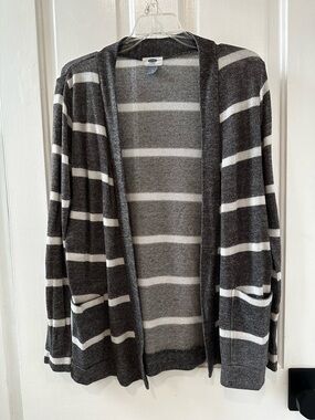 Old Navy Gray and White Striped Knit Cardigan